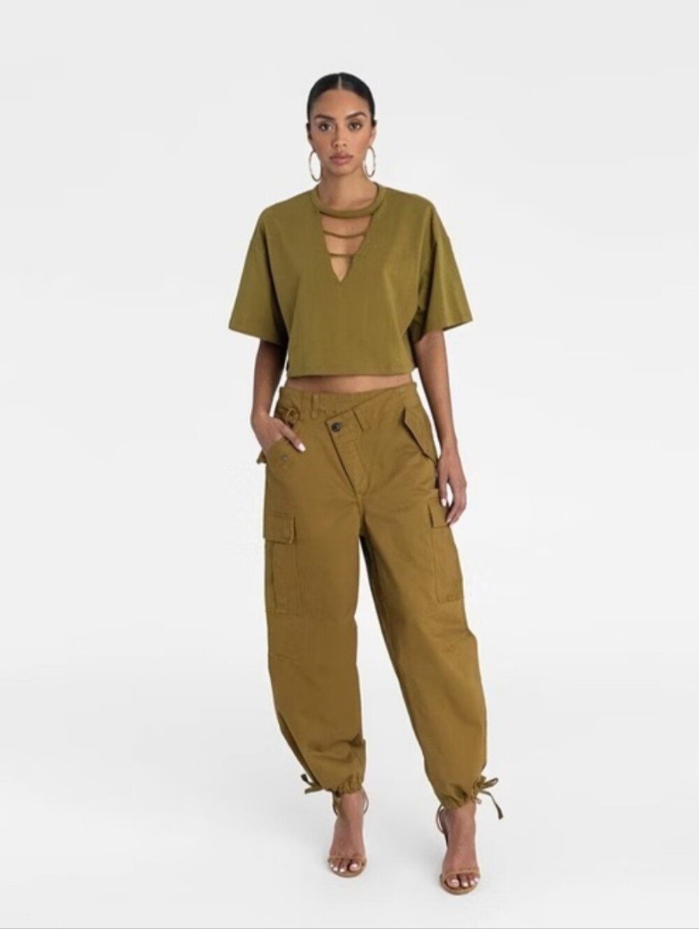 NWT Wide Leg Cotton Cargo Jogger Pants in Olive Tan KBB by Kahlana